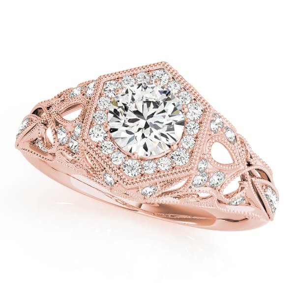Vintage Milgrain Halo Hexagon Shaped Engagement Ring, style 84676, Front view in rose gold