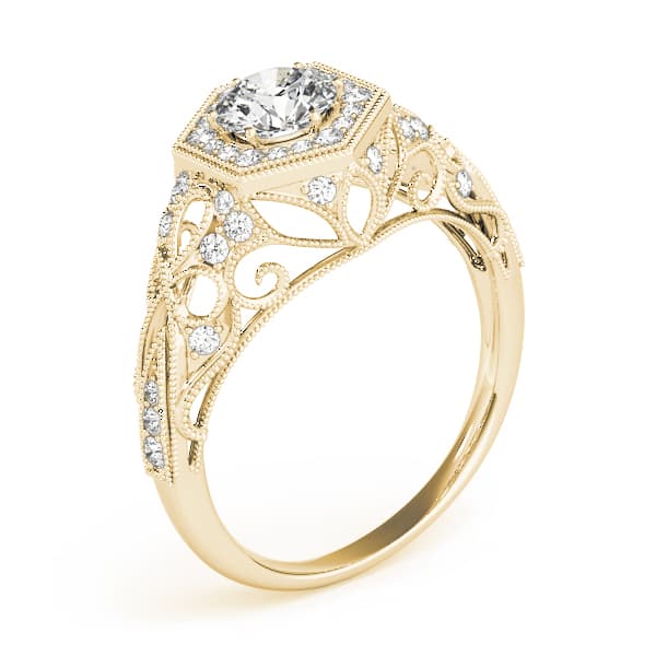 Vintage Milgrain Halo Hexagon Shaped Engagement Ring, style 84676, Angle view in yellow gold