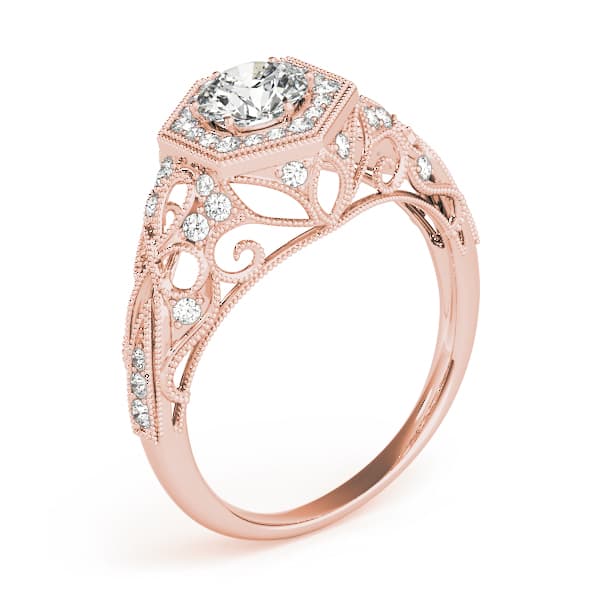 Vintage Milgrain Halo Hexagon Shaped Engagement Ring, style 84676, Angle view in rose gold