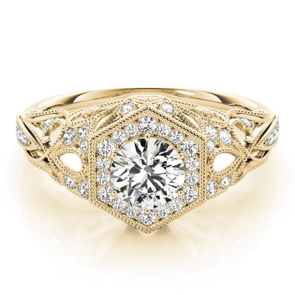 Vintage Milgrain Halo Hexagon Shaped Engagement Ring, style 84676, On hand view in yellow gold