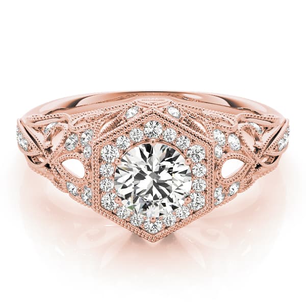 Vintage Milgrain Halo Hexagon Shaped Engagement Ring, style 84676, On hand view in rose gold