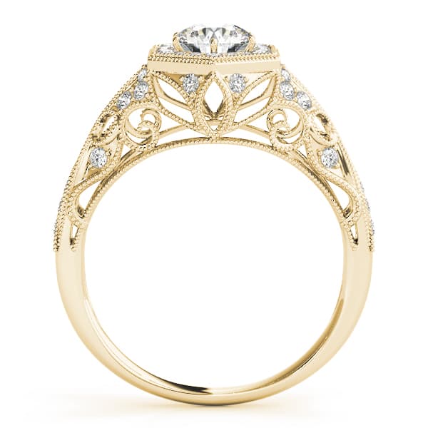 Vintage Milgrain Halo Hexagon Shaped Engagement Ring, style 84676, Side view in yellow gold