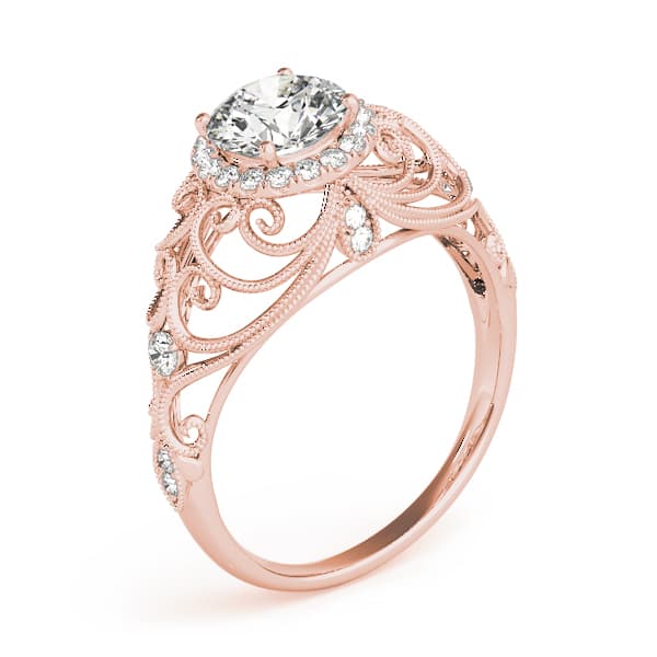 Vintage-Inspired Milgrain Filigree Engagement Ring, style 84680, Angle view in rose gold