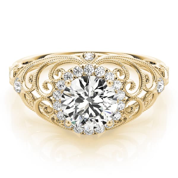 Vintage-Inspired Milgrain Filigree Engagement Ring, style 84680, On hand view in yellow gold