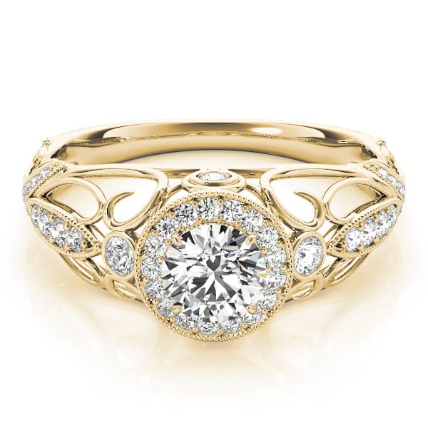 Vintage-Inspired Halo Filigree Engagement Ring, style 84681, On hand view in yellow gold