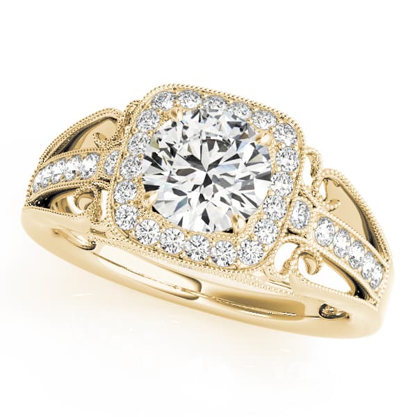 Vintage Single Row Halo Migrain Engagement Ring, style 84682, Front view in yellow gold