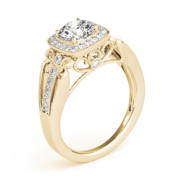 Vintage Single Row Halo Migrain Engagement Ring, style 84682, Angle view in yellow gold