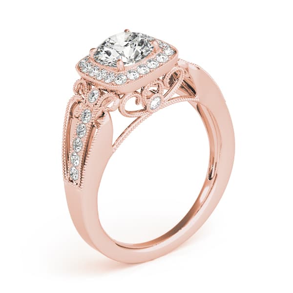 Vintage Single Row Halo Migrain Engagement Ring, style 84682, Angle view in rose gold