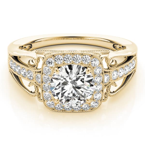 Vintage Single Row Halo Migrain Engagement Ring, style 84682, On hand view in yellow gold