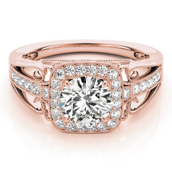 Vintage Single Row Halo Migrain Engagement Ring, style 84682, On hand view in rose gold