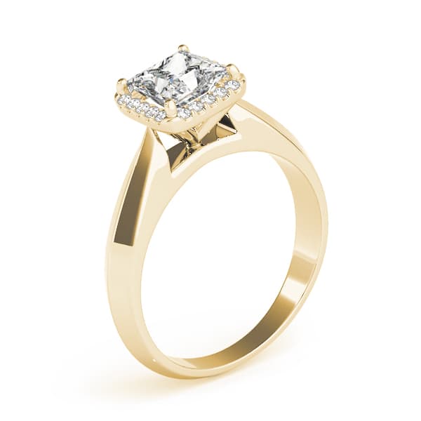 Solitaire Cushion Cut Halo Engagement Ring, style 84731, Angle view in yellow gold