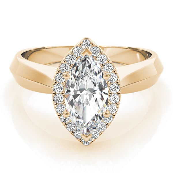Marquise Solitaire Halo Engagement Ring, style 84736, On hand view in yellow gold