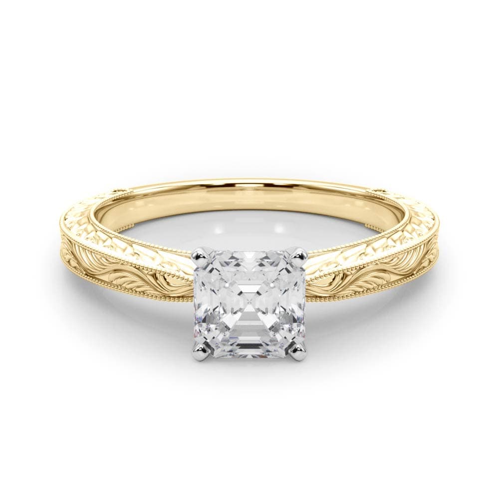Vintage-inspired Milgrain Engagement Ring, style 84757, On hand view in yellow gold
