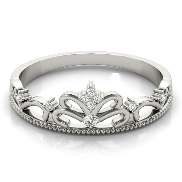 Filigree Crown Shape Milgrain Fashion Rings (0.04 ct. tw.), On hand view in white gold or platinum