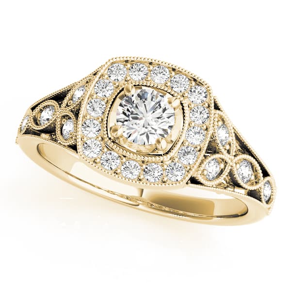 Vintage Style Halo Milgrain Engagement Ring, style 84830, Front view in yellow gold