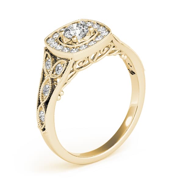 Vintage Style Halo Milgrain Engagement Ring, style 84830, Angle view in yellow gold