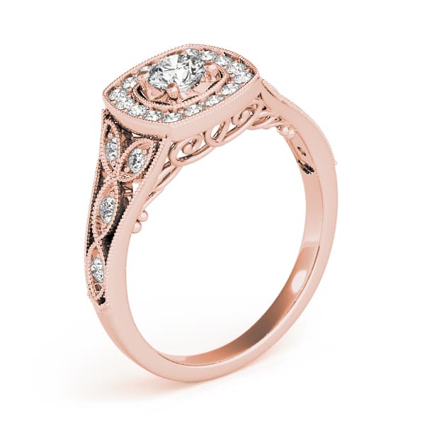 Vintage Style Halo Milgrain Engagement Ring, style 84830, Angle view in rose gold