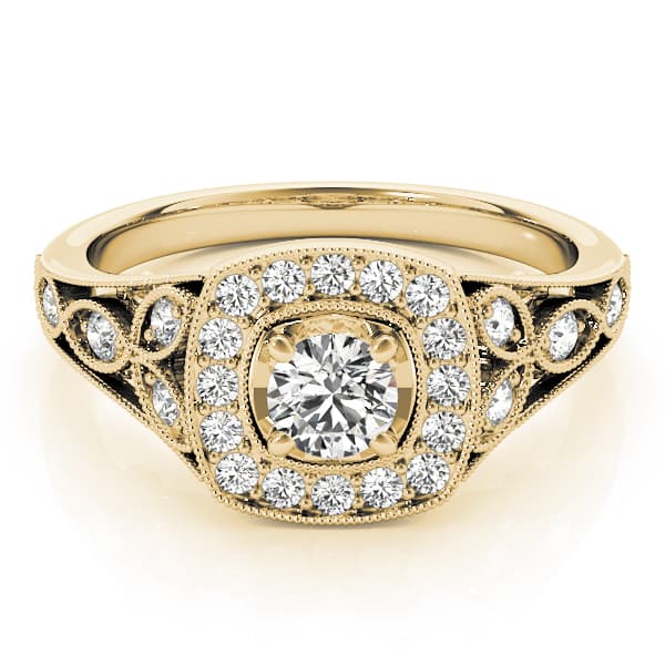 Vintage Style Halo Milgrain Engagement Ring, style 84830, On hand view in yellow gold