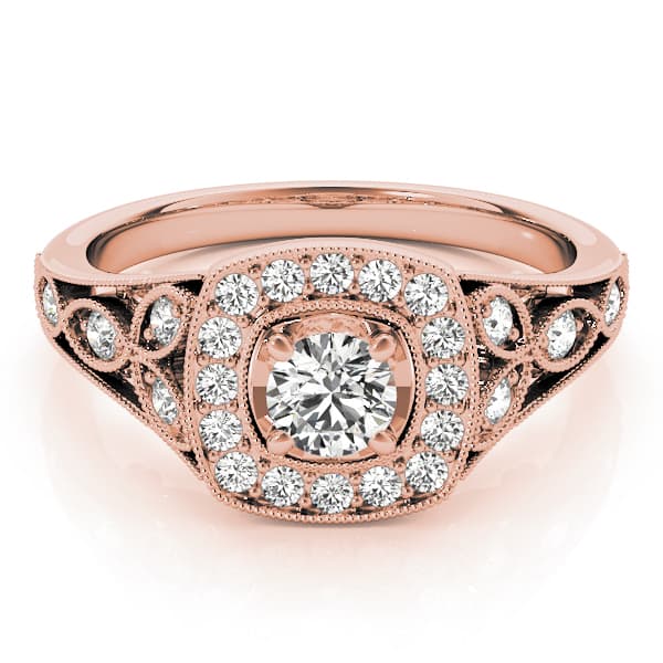 Vintage Style Halo Milgrain Engagement Ring, style 84830, On hand view in rose gold