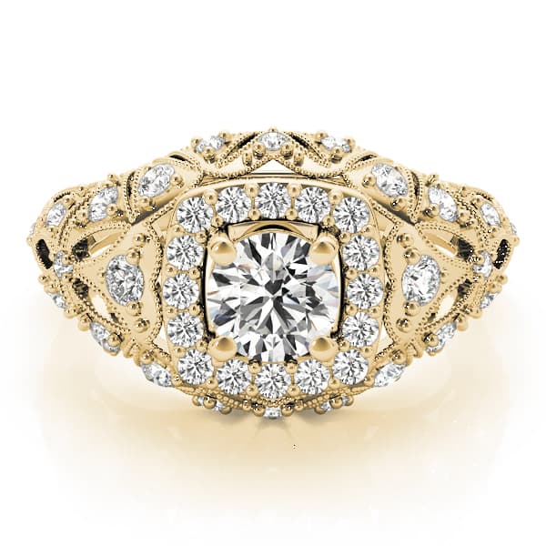Vintage Inspired Halo Engagement Ring, style 84836, On hand view in yellow gold