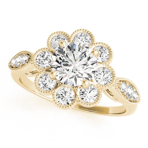 Bezel Set Round Halo Milgrain Engagement Ring, style 84841, Front view in yellow gold