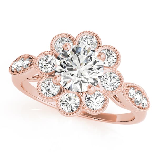Bezel Set Round Halo Milgrain Engagement Ring, style 84841, Front view in rose gold