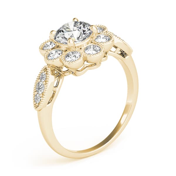 Bezel Set Round Halo Milgrain Engagement Ring, style 84841, Angle view in yellow gold