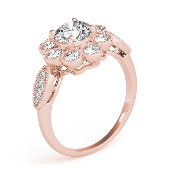 Bezel Set Round Halo Milgrain Engagement Ring, style 84841, Angle view in rose gold