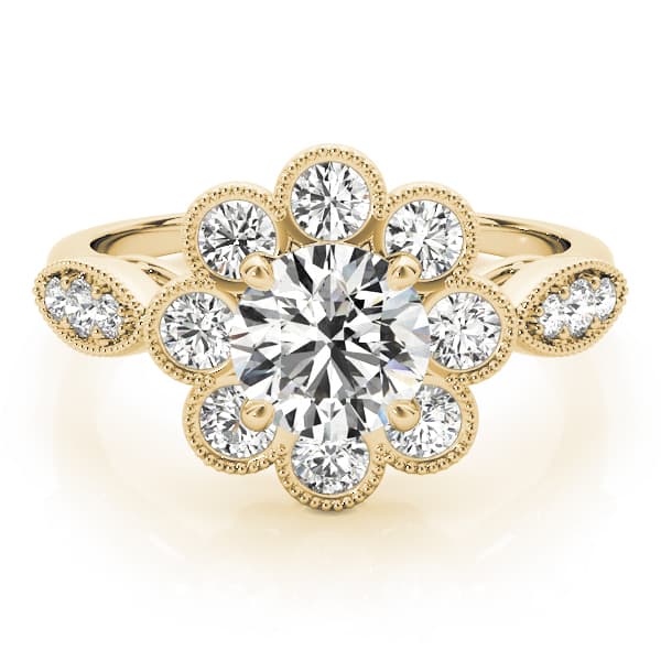 Bezel Set Round Halo Milgrain Engagement Ring, style 84841, On hand view in yellow gold