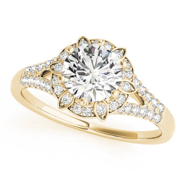 Floral Halo Split Shank Engagement Ring, style 84882, Front view in yellow gold
