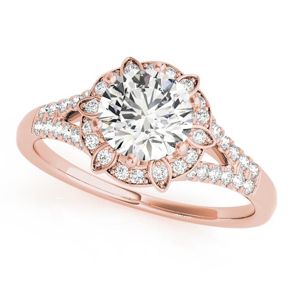 Floral Halo Split Shank Engagement Ring, style 84882, Front view in rose gold