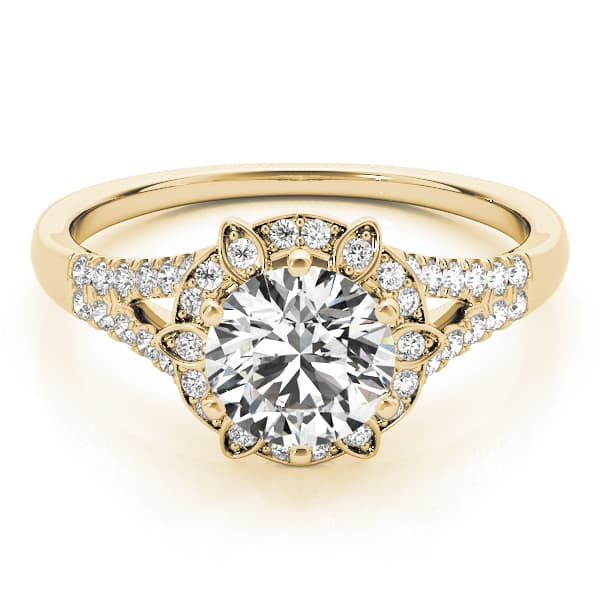 Floral Halo Split Shank Engagement Ring, style 84882, On hand view in yellow gold