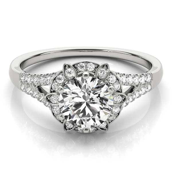 Floral Halo Split Shank Engagement Ring, style 84882, On hand view in white gold or platinum