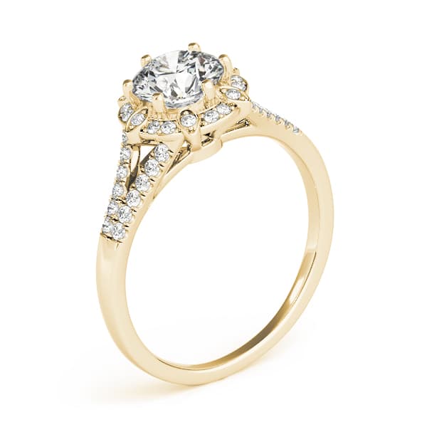 Floral Halo Split Shank Engagement Ring, style 84882, Top view in yellow gold