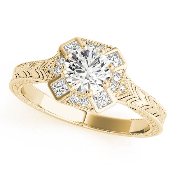 Vintage Style Halo Filigree Engagement Ring, style 84897, Front view in yellow gold