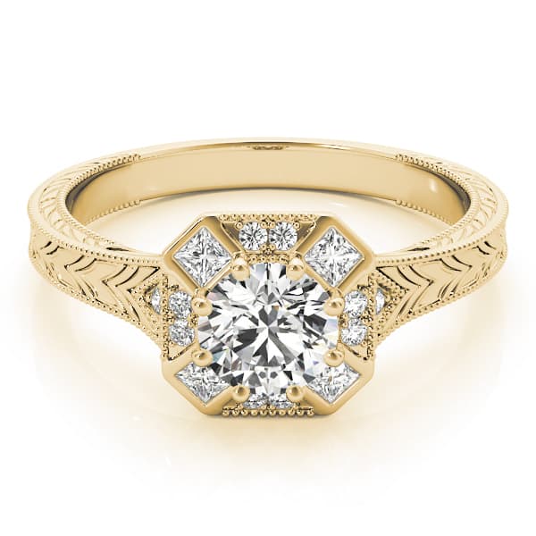 Vintage Style Halo Filigree Engagement Ring, style 84897, On hand view in yellow gold