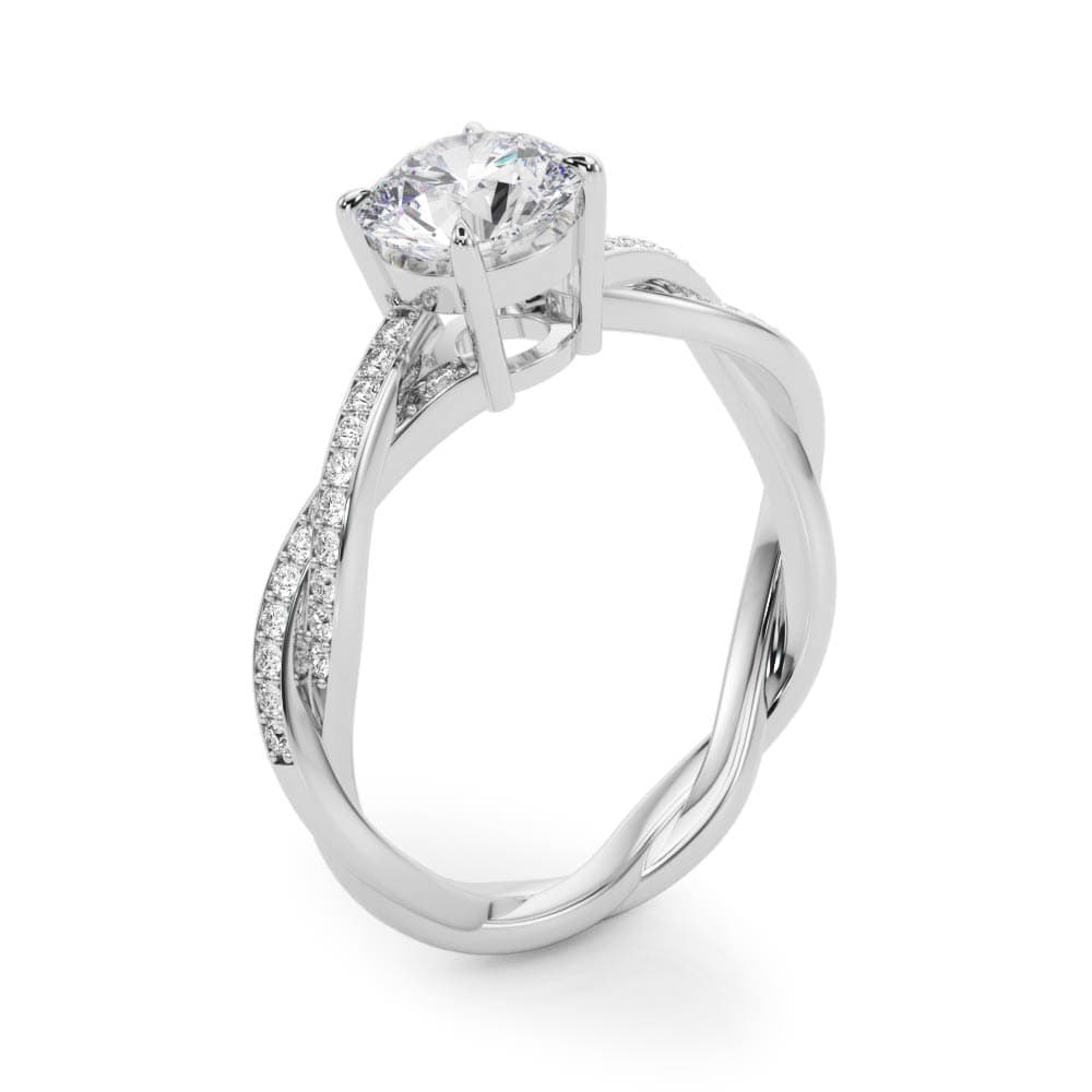 Twisting Round Engagement Ring, style 84905, Angle view in white gold or platinum