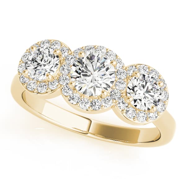 3-Stone Round Halo Engagement Ring, style 84912, Front view in yellow gold