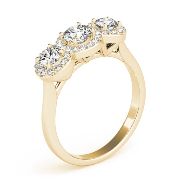 3-Stone Round Halo Engagement Ring, style 84912, Angle view in yellow gold