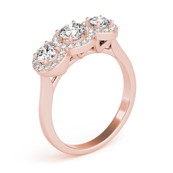 3-Stone Round Halo Engagement Ring, style 84912, Angle view in rose gold