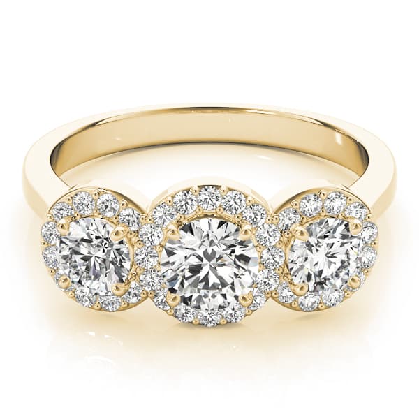 3-Stone Round Halo Engagement Ring, style 84912, On hand view in yellow gold