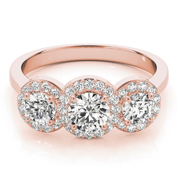 3-Stone Round Halo Engagement Ring, style 84912, On hand view in rose gold