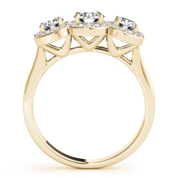 3-Stone Round Halo Engagement Ring, style 84912, Side view in yellow gold