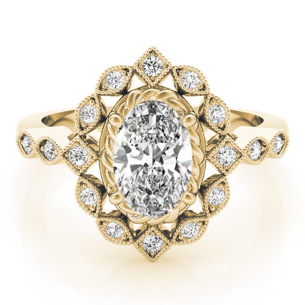 Oval Halo Vintage Engagement Ring, style 84918, On hand view in yellow gold