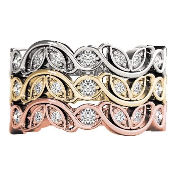 Nature Inspired Floral Stackable Wedding Bands (1/4 ct. tw.), Top view in white gold or platinum