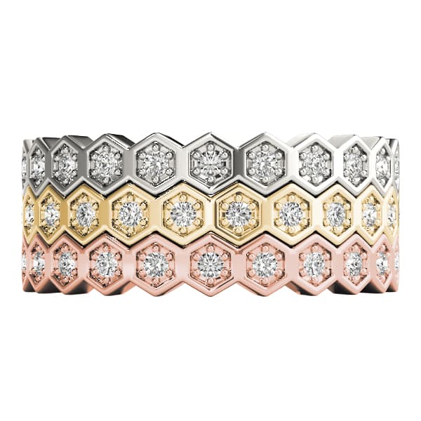 Hexagon Shaped Stackable Wedding Bands (0.1 ct. tw.), Top view in white gold or platinum