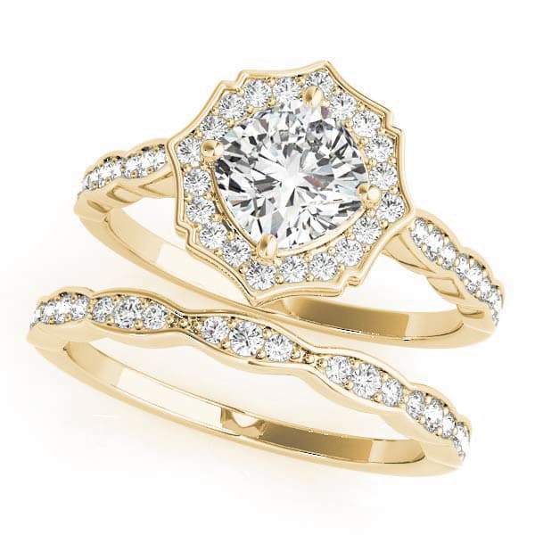 Scalloped Cushion Halo Ring, style 84996, On hand view in yellow gold
