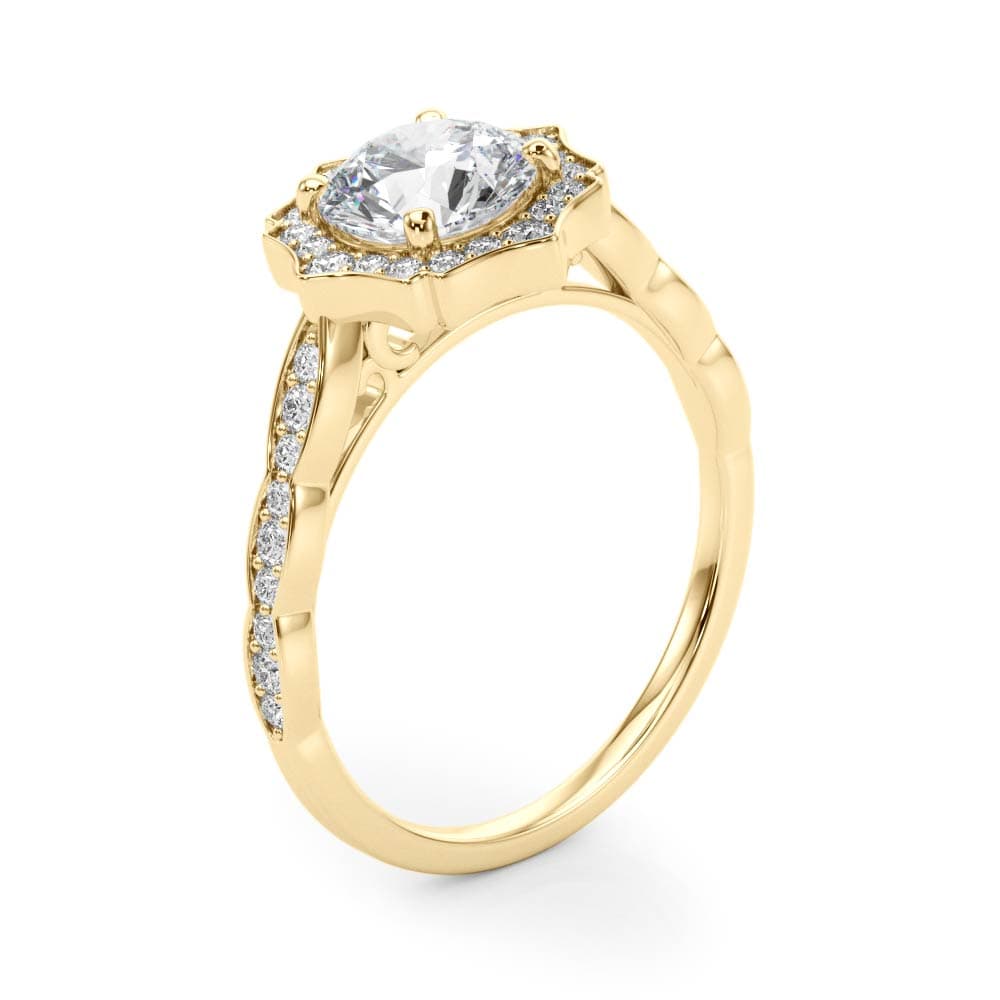 Scalloped Halo Single Row Engagement Ring, style 84997, Angle view in yellow gold