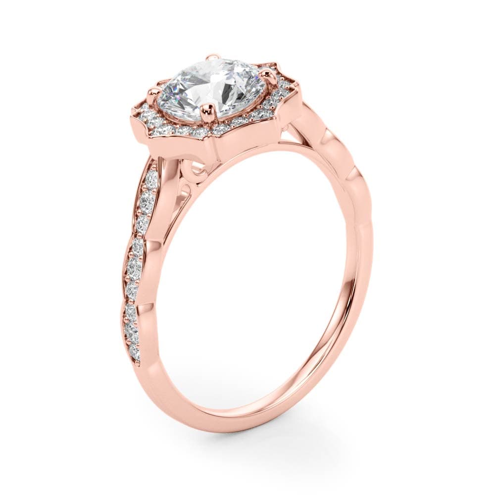 Scalloped Halo Single Row Engagement Ring, style 84997, Angle view in rose gold