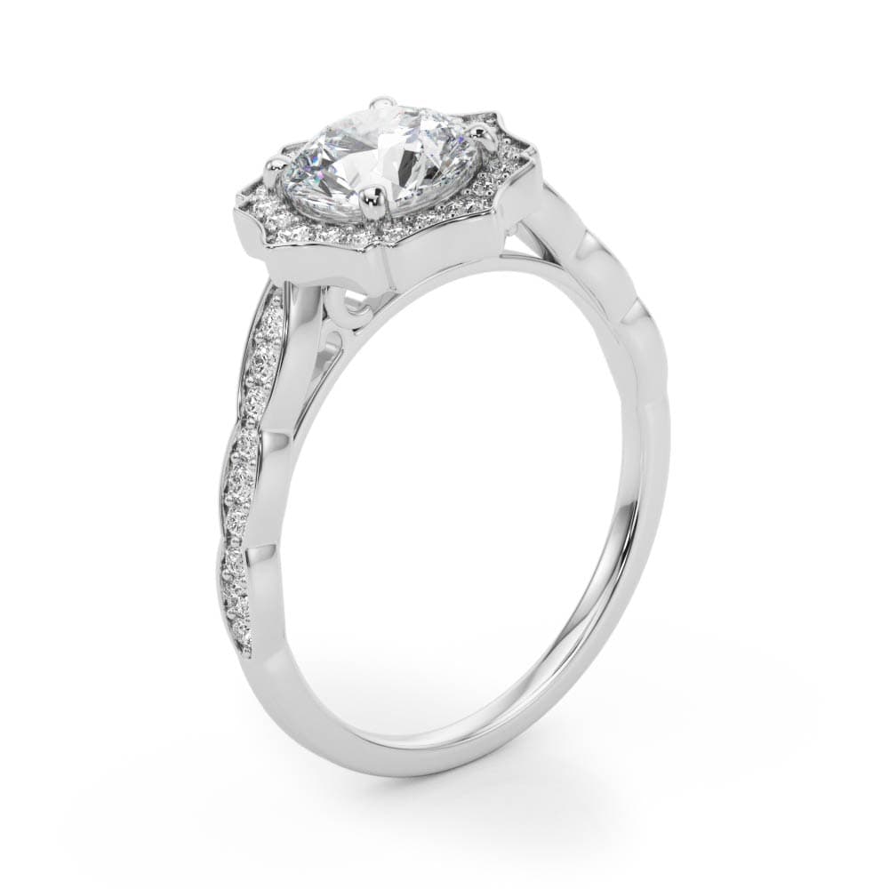 Scalloped Halo Single Row Engagement Ring, style 84997, Angle view in white gold or platinum